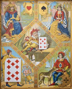 Jogo de cartas, prato com Rei de copas, Rainha de espadas, Dez de diamantes e Valete de paus, anão Lindoro com Sete de diamantes no centro, França de French School