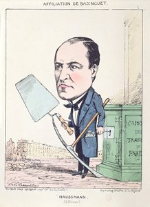 Caricatura do barão Georges Eugene Haussmann (1809-91) como um companheiro de construtores, c.1870