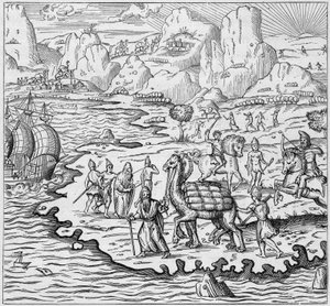 Transporte de mercadorias por camelo para carregamento de navios saindo do balcão grego em Alexandria para a Europa. Gravação em "La Marine et les colonies: commerce" (A Marinha e as colónias: comércio) de French School