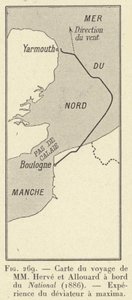 Mapa da viagem de MM Herve e Allouard a bordo do Nacional (1886), Experiência do navegador no maxima (gravura) de French School