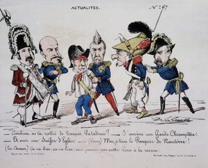 Desenho animado sobre a Comuna "Notícias - Quantas tropas você mobilizou, Paladine? - Vou trazer um guarda do campo. E eu sou uma igreja suíça. - (Vinoy) Eu seguro o bombeiro de Nanterre - (No coração) Está tudo bem, está tudo bem, vamos finalmente pôr Par de French School