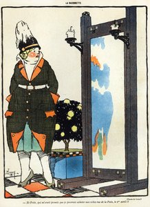 Cartoon retratando uma senhora alemã decepcionada por não poder comprar suas roupas novas em Paris, na rue de la Paix, da edição de abril da revista La Baionette, edição de abril de Fools (Poisson dAvril). de French School