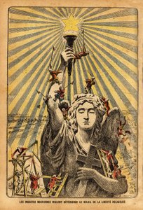 Cartoon para a Igreja, "os insectos noturnos querem piorar o sol da liberdade religiosa"", no debate político que agitou a França no início do século XX, sobre a laicização das instituições no contexto da separação da Igreja e da Igreja. de French School