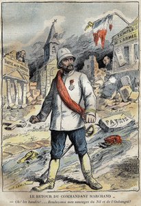 Desenho animado sobre o comandante Jean-Baptiste (Jean Baptiste) Marchand (1863-1934), em Toulon, retornando de uma missão de exploração (1896-1899) na África. Gravura em "Le Pelerin" 4/06/1899. de French School
