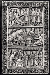 Placa esculpida para uma capa de livro com cenas da vida de São Remígio (c.437-533) e o batismo de Clóvis I (465-511) de French School