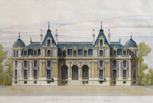 Castelo de Neuflize, pertencente a Pate Brothers, fachada de jardim, ilustração de Le Moniteur des architectes, 1884, gravada por F. Penel (gravura de cor) de French School