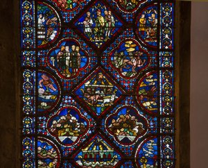 Catedral de Chartres, vitral: vida de noe, centro de detalhes de French School