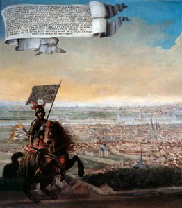 Vista de Cavaleiro de Paris do Faubourg Saint Jacques Comemoração da defesa de Paris pelo chanceler Pepin des Essarts após a traição de Etienne Marcel, em 1358. Detalhe. Pintura da Escola Francesa. 1640 Sol. 0,96x1,92 m Paris, Musee Carnavalet. de French School