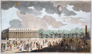 Celebração do Dia da Bastilha, 14 de julho na Champs Elysees, Paris em 1801 (aquatinta colorido à mão) de French School