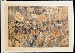 Celebrações nas ruas de Londres na sequência da notícia da conclusão da paz no Transvaal, Maio de 1902 (impresso) de French School