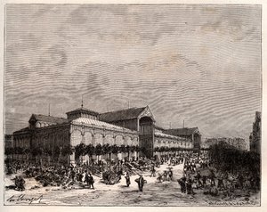 Halles centrais em Paris no século XIX - gravura em "La France illustree: geographie, histoire, administration statistique" de V.A. Malt-Brown. 1884 de French School