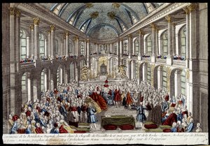 Cerimónia da bênção nupcial dada na capela de Versalhes em 16 de Maio de 1770 por Louis Auguste, golfinho de França (Luís XVI), e Maria Antonieta da Áustria - gravura de French School