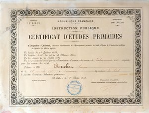 Certificado de Educação Primária, Academie de Lille, 1898 (tinta no papel) de French School