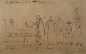 Charcot desenhado por um dos seus alunos. Da esquerda para a direita: a paciente Genevieve em uma camisola, o Doutor Desejo Magloire Bourneville com um termômetro, Jean Martin Charcot, Raymond e Brissaud, Me Tirperme e Charles Fere. Salpetriere Hospi, Salp de French School