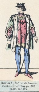 Carlos 6, 53º rei de França, ascendeu ao trono em 1380, morreu em 1422 (gravura colorida) de French School