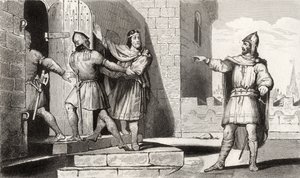 Charles III (879-929) o simples feito prisioneiro por um de seus soldados, de &39;Histoire de France&39; por Colart, publicado c.1840 de French School