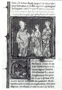 Charles III (879-929) o simples com sua esposa e seu filho, Louis IV (921-954), Grandes Chroniques de France, 1375-79 de French School