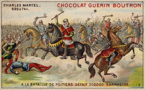 Charles Martel derrotando um exército de 300.000 sarracenos na Batalha de Poitiers, 732 (chromolitho) de French School