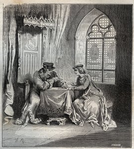 Carlos VI (1380-1422) e Odette de Champdivers - Rei Carlos VI da França, conhecido como Charles the Good Aime, depois Charles the Fol (1368-1422) com a sua amante Odinette (Odette) de Champdivers (cerca de 1390-around 1425) a jogar às cartas gravadas em "P de French School