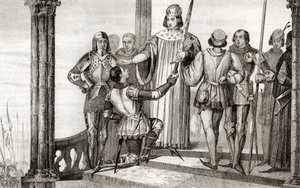 Charles V (1358-1880) o sábio apresenta sua espada a Duguesdin, de &39;Histoire de France&39; por Colart, publicado em 1840 de French School