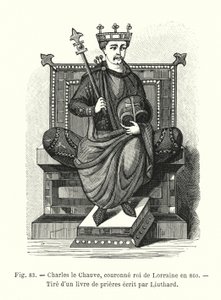 Carlos o Careca, coroado rei de Lorena em 860, a partir de um livro de orações escrito por Liuthard (gravura) de French School