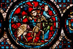 Catedral de Chartres, vitral representando o vitral circular do Bom Samaritano de French School