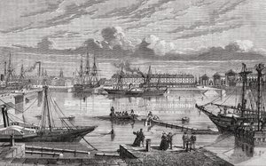Cherbourg no século 18, gravado por Breton depois de Pibaraud, de "História da Revolução Francesa" por Louis Blanc (1811-82) de French School