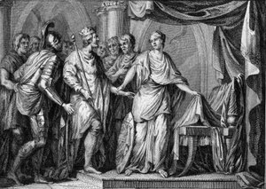 Childebert II (570-596), rei da Austrália, tomou posse do reino da Borgonha e Orleans após a morte de Gontran I em 592. Gravura do século XVIII. de French School