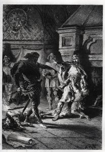 Childebert I (c498-558) no assassinato dos herdeiros de seus irmãos em 526 - Childebert I deixou Clotaire (Clothaire) massacrar os filhos de seu irmão Clodomir, rei de Orleans, cujos estados compartilham, 526 - gravura de "L