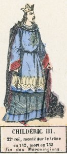Childeric III, 22º rei, ascendeu ao trono em 742, morreu em 752, Fim dos Merovíngios (gravura colorida) de French School
