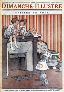 Crianças sentadas na chaminé, fazendo uma armadilha ao Pai Natal, para o jornal de Natal de 1930 "Le Dimanche illustrious" (gravura) de French School