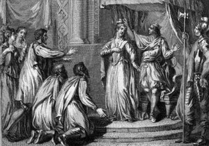 Chilperic I (ca. 539-584), rei de Neustria, coroou sua esposa, Fredegonde (545-597), rainha do reino, em 568. Gravura do século XVIII. de French School