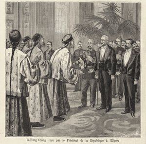 O político e diplomata chinês Li Hongzhang recebido pelo presidente francês Felix Faure no Palácio Elysee, em Paris de French School
