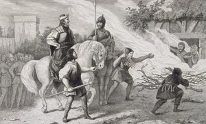 Chlotaire I (497-561) queima seu filho rebelde e sua família, de &39;Histoire de France&39; por Colart, publicado em 1840 de French School