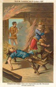 Clothar I, Rei dos Francos, queimando até a morte seu filho rebelde Chram e sua família, 560 (chromolitho) de French School