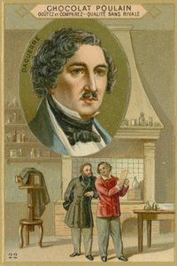 Cartão de comércio do potro de chocolate, Louis Daguerre de French School