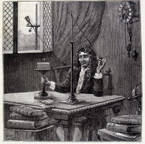 Christian Huyghens observando "a inclinação para o movimento" ou elasticidade corporal - em "Physique Populaire" de Emile Desbeaux de French School