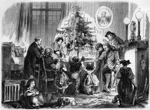 Festa de Natal na Alsácia: uma família reunida em torno da árvore de Natal. Gravação no "Le Monde Illustré" n°38 de 2 de janeiro de French School