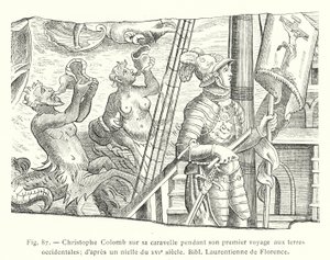 Cristóvão Colombo na sua caravela durante a sua primeira viagem às Terras Ocidentais; de um niello do século XVI, Biblioteca Laurenciana de Florença (gravura) de French School