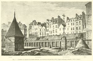 Cemitérios e valas comuns dos Saint-Innocents, ao lado da rue aux Fers, 1780, depois de um desenho de Bernier, Coll A Lenoir de French School