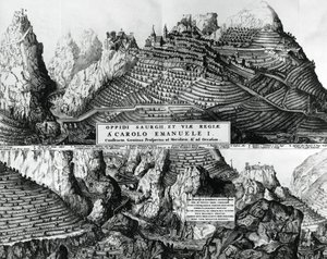 Cidade de Saorge, França, sob o domínio de Savoy, gravura de French School
