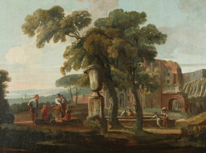 Paisagem clássica com urna, c.1700 (óleo sobre tela) de French School