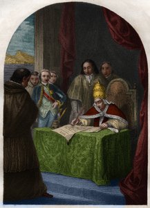 Clemente XIV (Clemente ou Clemens) (1705-1774) abolindo a Companhia Jesuíta a 21 de Julho de 1773. Gravura de 1842 em "Histoire des popes: crimes, assassinatos, envenenamentos, parricídios, adúlteros, incesto... por Maurice Lachatre. Coleção privada. de French School