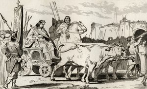 Clóvis III (682-95) em uma Carruagem puxada por Bois, com Pepino II de Herstal (c.714) Cavalgando ao Lado Dele, de &39;Histoire de France&39; por Colart, publicado em 1840 de French School