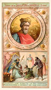 Clóvis II dando dinheiro de seus cofres aos pobres durante um período de dificuldades, século VII (chromolitho) de French School