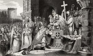 Clovis I (465-511) Batizado com homens de seu exército antes da Batalha de Tolbiac, de &39;Histoire de France&39; por Colart, publicado em 1840 de French School
