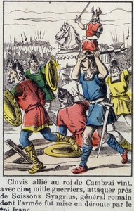 Clovis, aliado ao rei de Cambrai, veio, com 5000 guerreiros, para atacar perto de Soissons Syagrius, o general romano, cujo exército foi derrotado pelo rei franquista. de French School