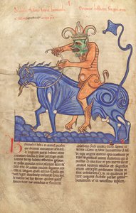 Bacalhau. Guelf. 1 gud. lat. 41V, Satanás montando um Behemoth, de Liber Floridus por Lambert de Saint-Omer c.1120 de French School