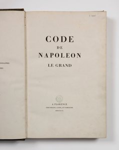 Código de Napoleão, o Grande, aberto na página de título, publicado em Florença, Molini, Landi et Cie, 1809 de French School