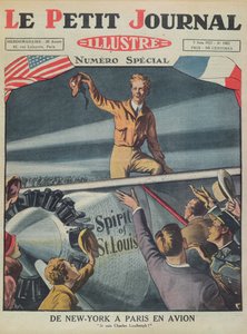Coronel Charles Lindbergh (1902-74) em sua chegada ao aeroporto de Le Bourget após o primeiro voo transatlântico de Nova York a Paris em 21 de maio de 1927, capa do Le Petit Journal, 5 de junho de 1927 (col